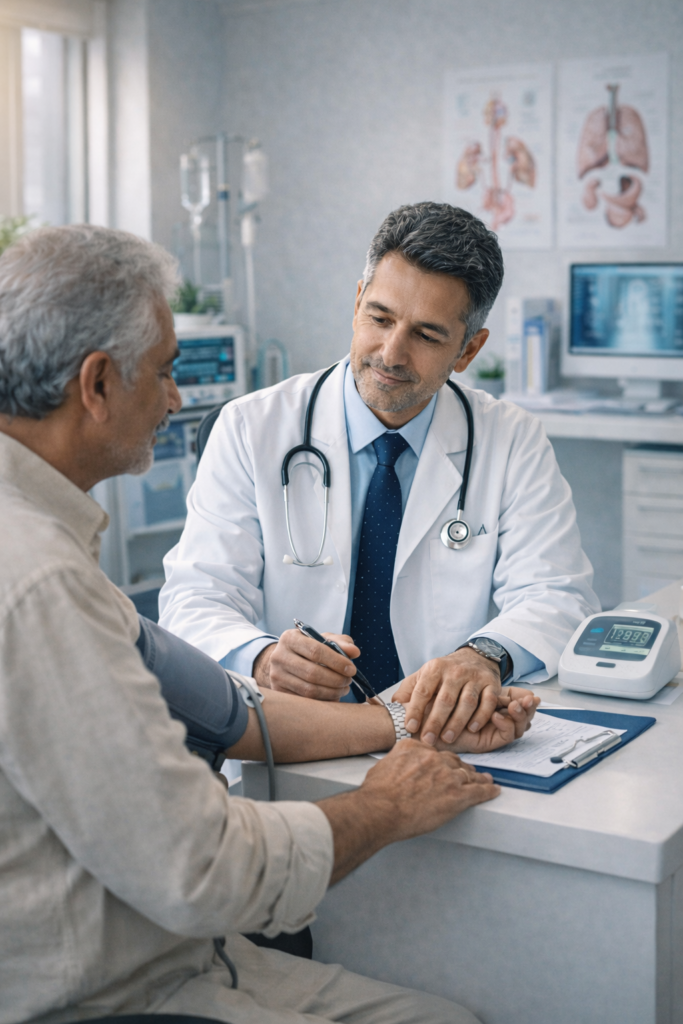 Experienced general physician in Gangavathi consulting a patient during a routine medical checkup
