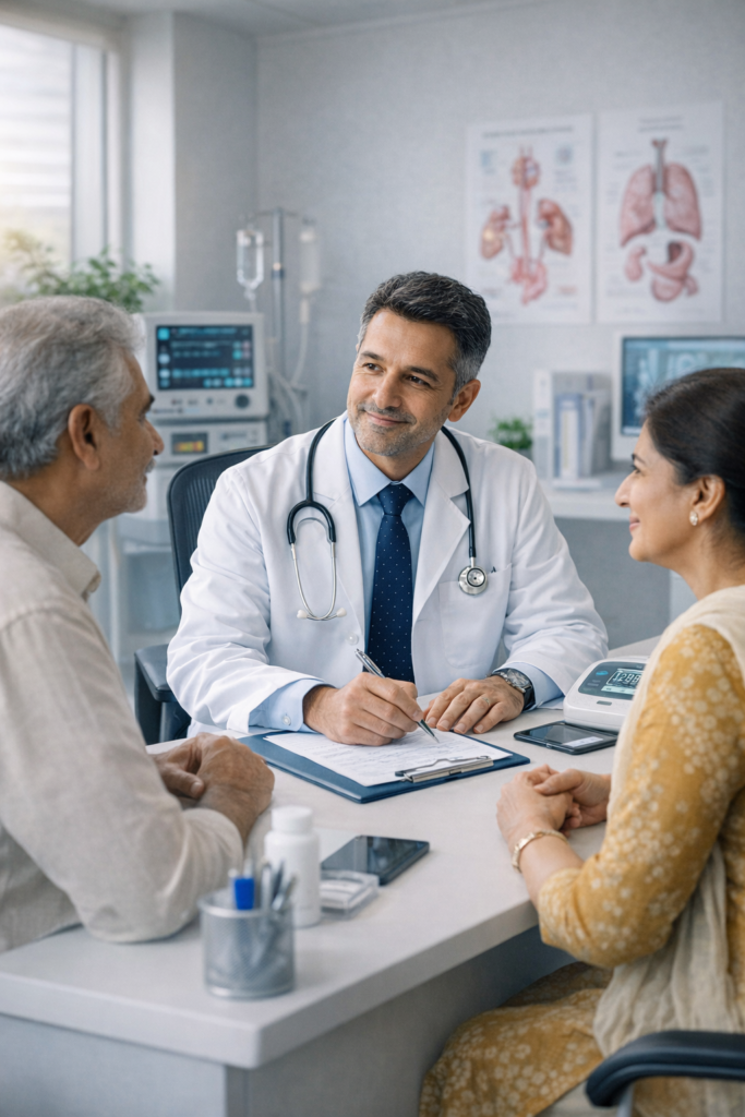 Experienced General Physician in Gangavathi Experienced general physician in Gangavathi discussing symptoms and treatment plan with a patient