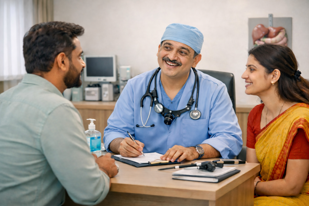 Top laparoscopic surgery doctor in Gangavathi consulting a patient before minimally invasive surgery