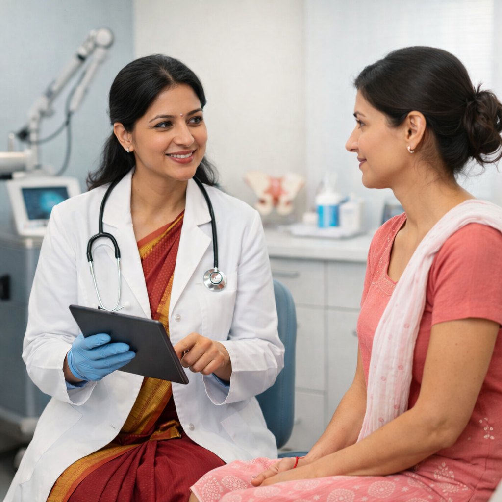 Non-surgical vaginal laser for incontinence relief women consultation with gynecologist in modern clinic
